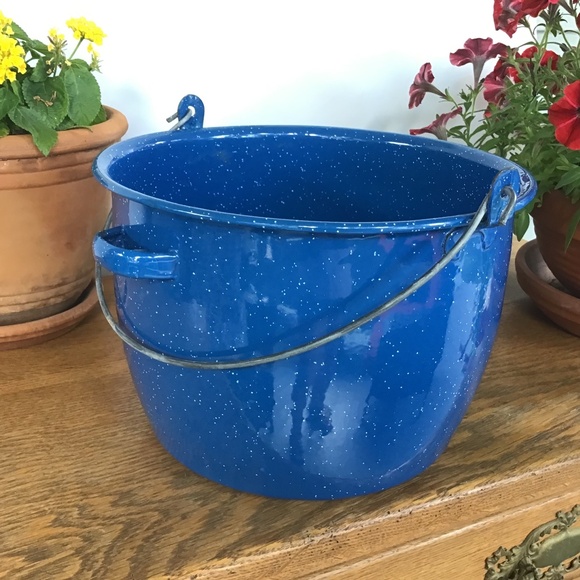 Vintage Enamelware Pot Speckle Blue White Granite Camping Ware Cooking Stock - Picture 1 of 13
